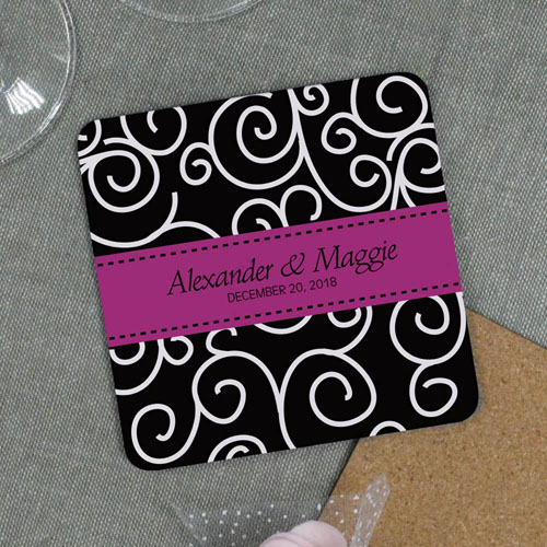 Hot Pink Ribbon Personalised Wedding Cork Coaster