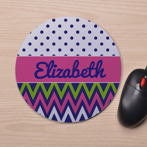 Custom Printed Navy Polka Dots Colourful Chevron Design Mouse Pad