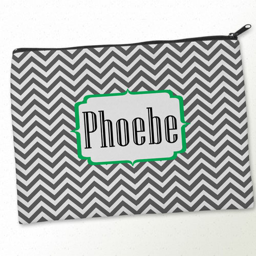 Personalised Grey Green Chevron Big Make Up Bag 9.5