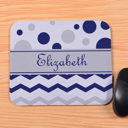 Personalised Navy Grey Chevron & Polka Dot Mouse Pad
