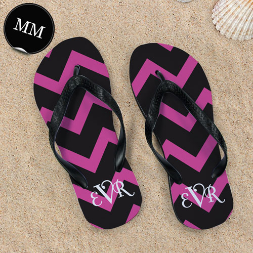 Black Pink Chevron Personalised Flip Flops, Men Medium