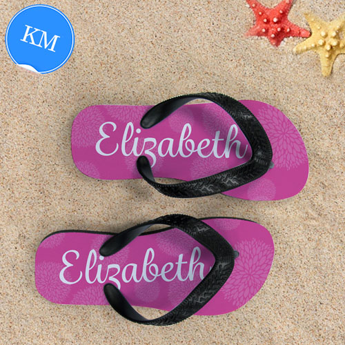 Pink Floral Personalised Flip Flops, Kid Medium