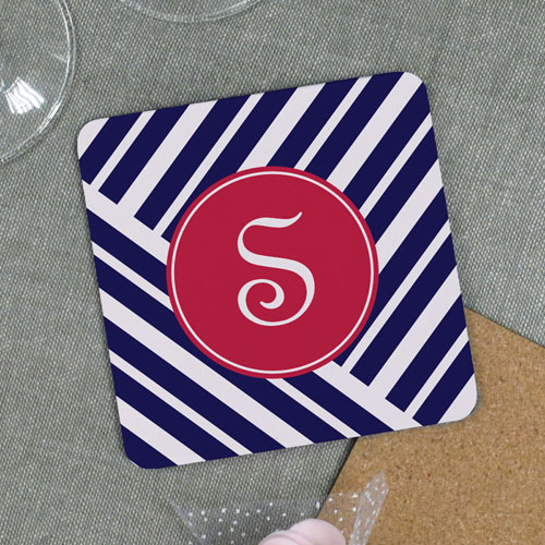 Navy Geometric Pattern Personalised Cork Coaster