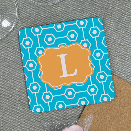 Aqua Geometric Pattern Personalised Cork Coaster