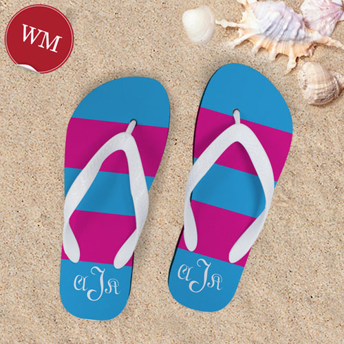 Pink Blue Stripe Personalised Flip Flops, Women Medium