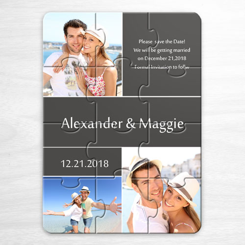 Custom My Save The Date Puzzles, 3 Pictures Collage Grey Invitation Puzzle