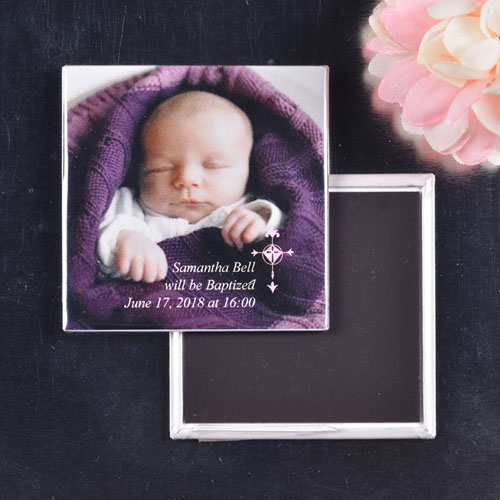 Pink Simple Cross Design Baptism Square Photo Magnet